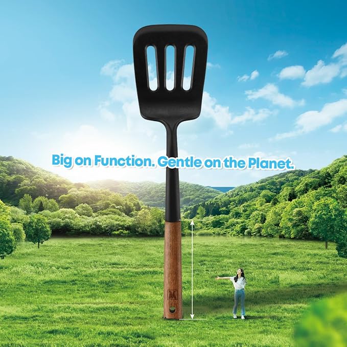 WAGENSTEIGER Set of 2pc Silicone Cooking Utensils: Wooden Handle Slotted Spatula + Cooking Skimmer, Heat Resistant Cooking Utensil, BPA Free, Safe Material for All Cooking Surfaces, Non-Slip Grip