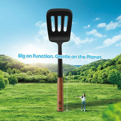 WAGENSTEIGER Set of 2pc Silicone Cooking Utensils: Wooden Handle Slotted Spatula + Cooking Skimmer, Heat Resistant Cooking Utensil, BPA Free, Safe Material for All Cooking Surfaces, Non-Slip Grip