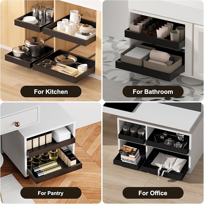 2 Pack Expandable Pull Out Kitchen Cabinet Organizer,Adhesive No Drilling Slide Out Drawers for Kitchen Base Cabinet,Shelves,PantryStorage, Adjustable Width Cabinets Drawers 12.4"-20.4"