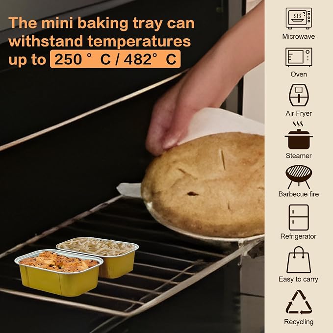 Mini Cake Pans With Lids And Spoons,5.5 oz Rectangle Mini individual Loaf Pans Disposable Aluminum Foil Small Baking Cups Tins (100, Gold)