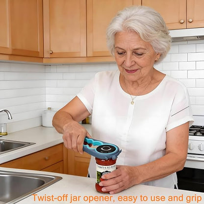 Woman using a jar opener in a kitchen