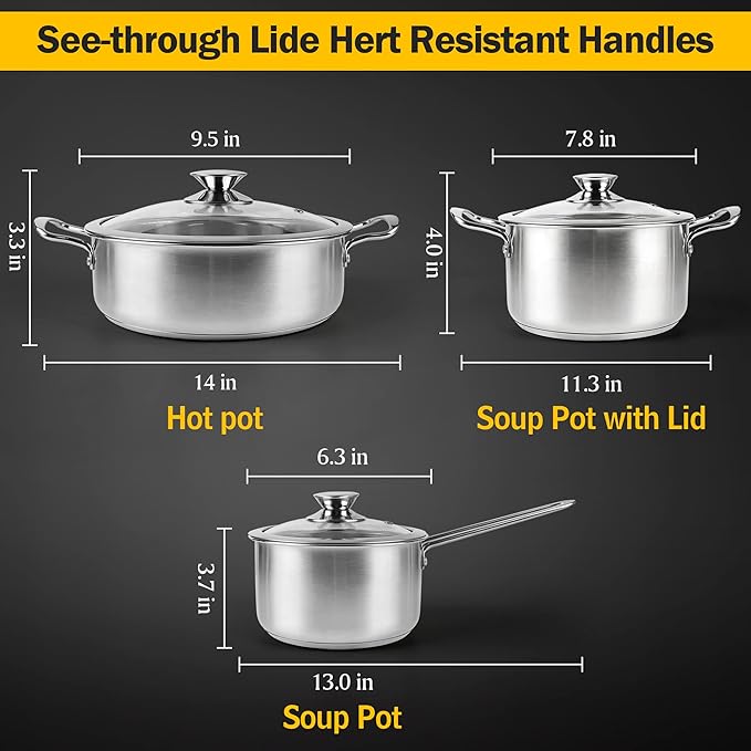 6Pcs Pots and Pans Set, Stainless Steel Pot Set, Nonstick Kitchen Cookware Set, Induction Pots Set with Stay-Cool Handle, Works with Electric and Gas Cooktops, Dishwasher Safe
