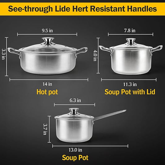 6Pcs Pots and Pans Set, Stainless Steel Pot Set, Nonstick Kitchen Cookware Set, Induction Pots Set with Stay-Cool Handle, Works with Electric and Gas Cooktops, Dishwasher Safe