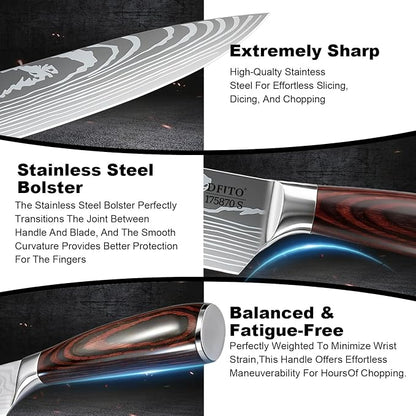 Dfito Kitchen Knife Set, 5 Pieces High Carbon Stainless Steel Chef Knife Set with Red Pakkawood Handle, Ultra Sharp Professional Chef Knives Sets for Home Cooking, Dishwasher Safe