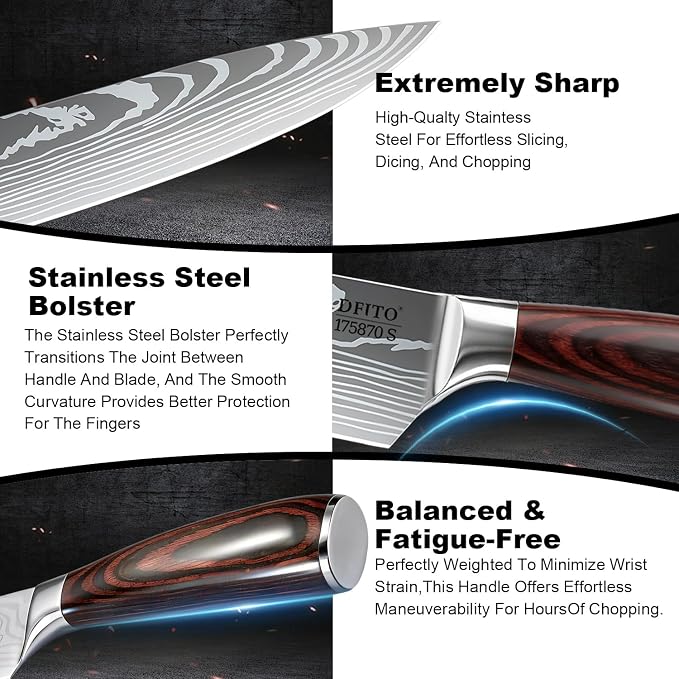 Dfito Kitchen Knife Set, 3 Pieces High Carbon Stainless Steel Chef Knife Set with Red Pakkawood Handle, Ultra Sharp Professional Chef Knives Sets for Home Cooking, Dishwasher Safe