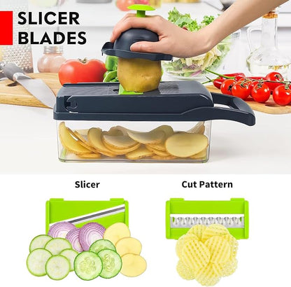 Vegetable Chopper, Pro Onion Chopper, 14 in 1Multifunctional Food Chopper, Kitchen Vegetable Slicer Dicer Cutter,Veggie Chopper With 8 Blades,Carrot and Garlic With Container (Gray) (Gray)