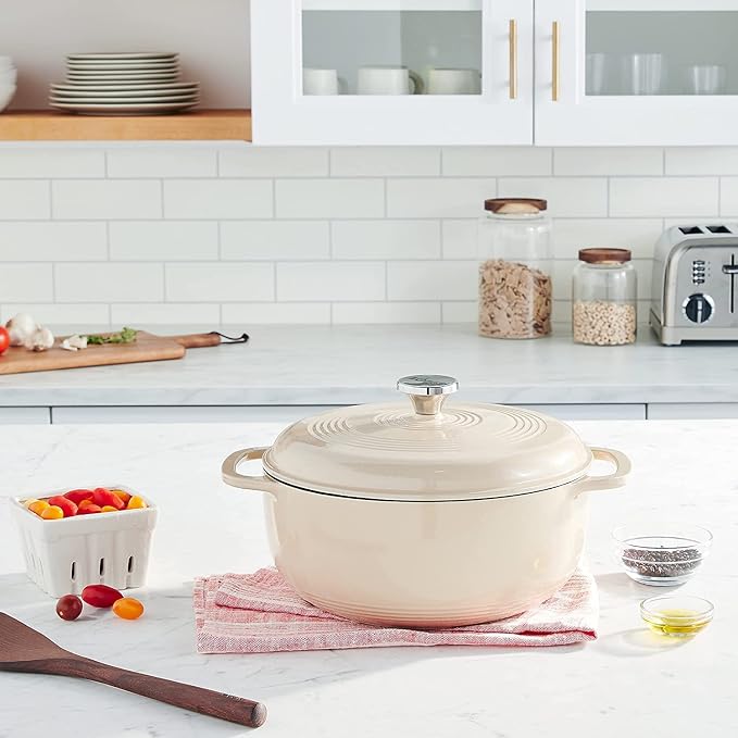 Lodge Essential Enamel Cast Iron Dutch Oven with Lid 7.5 Quart - Oven-Safe Enamel Cookware up to 500° F - Heat-Retaining Braising & Roasting Pot - Non-Toxic Cookware - Sandalwood