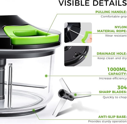 LHS Manual Food Chopper Vegetable Cutter, Hand String Vegetable Chopper Onions Cutter for Vegetable Fruits Nuts, (800ml,BLACK)