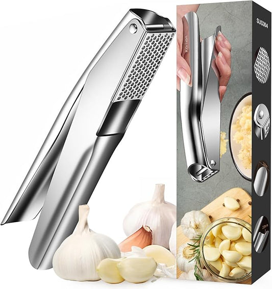 Garlic Press Stainless Steel, Garlic Crusher, Easy-Clean | 304 stainless steel, no peeling, ergonomic handles, dishwasher safe, 5 cm chamber