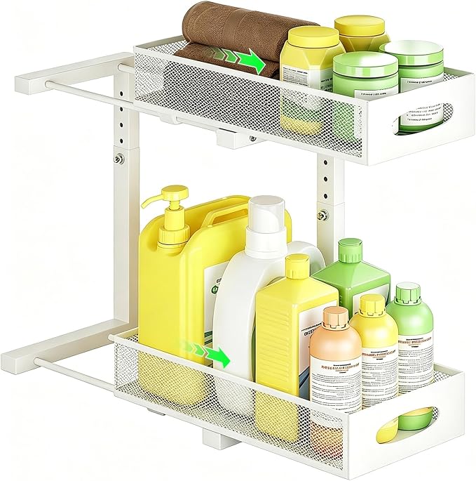 Under Sink Organizer, 2-Tier Pull Out Baskets, White | Rustproof carbon steel, 2 tier mesh sliding drawers, Height adjustable to bypass pipes, For kitchen, bathroom, laundry