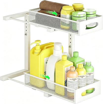 Under Sink Organizer, 2-Tier Pull Out Baskets, White | Rustproof carbon steel, 2 tier mesh sliding drawers, Height adjustable to bypass pipes, For kitchen, bathroom, laundry