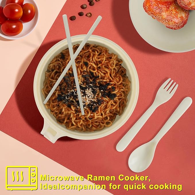 Ramen Bowl Set, Ramen Cooker 33 oz, Ramen Bowls with Chopsticks and Spoon, Microwave Pasta Cooker, College Dorm Essentials for Girls Guys (White)