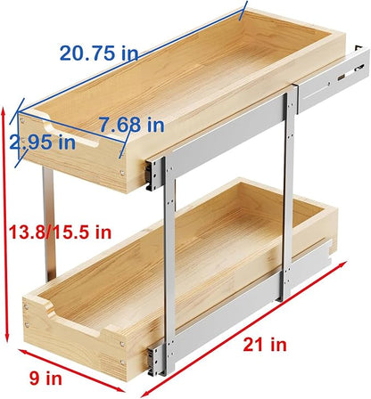 Sikarou Wood Pull Out Cabinet Organizer 2 Tie 9" W x 21" D, Heavy-Duty Sliding Drawers for Inside Cabinets Storage and Organization for Kitchen, Pantry, Bathroom