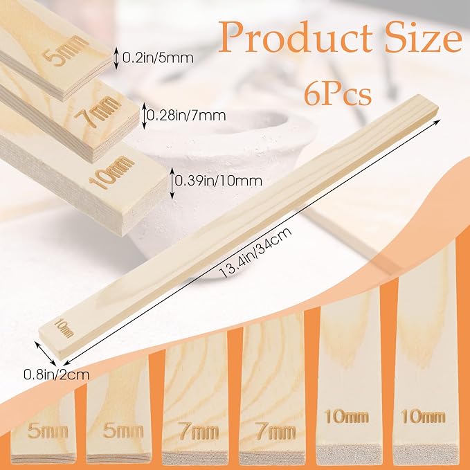 Classicseali 6PCS Rolling Pin Thickness Guides, Wooden Dough Thickness Guides, Tools Clay Tool, Rolling Pin Guide for Precise Polymer Clay Thickness Measurement, 3 Sizes