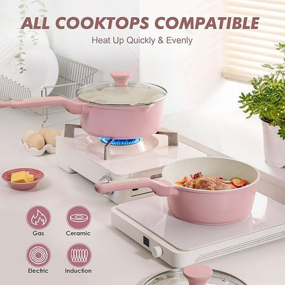 SENSARTE White Ceramic Nonstick Saucepan with Lid 2.5 Quarts, Medium Cooking Pot with Stay Cool Handle, Induction Compatible Saucepot, White Granite Coating, Free of Intentionally Added PTFE/PFOA/PFAS