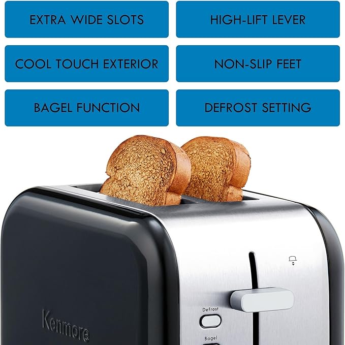 Kenmore 2-Slice Toaster, Black Stainless Steel, Extra Wide Slots, Bagel and Defrost Functions, 9 Browning Levels, Removable Crumb Tray, for Bread, Toast, English Muffin, Toaster Strudel