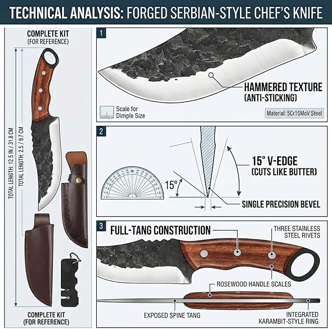 KOFERY Hand Forged Serbian Chef Knife and Viking Butcher Cleaver in 4Cr13MoV Steel with Full Tang Rosewood Handle for Camp & BBQ Butchering with Leather Sheath and Sharpener