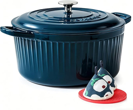 SENSARTE Enameled Cast Iron Dutch Oven Pot with Lid 3.5/5.5/6.5 Quart Heavy-Duty Round Dual Handles Kitchen Pot with Cotton Potholders & Silicone Trivet, Pot for Bread Baking, Stews, Braising, Roasting, Oven Safe, 3.5 Quart, Emerald Green