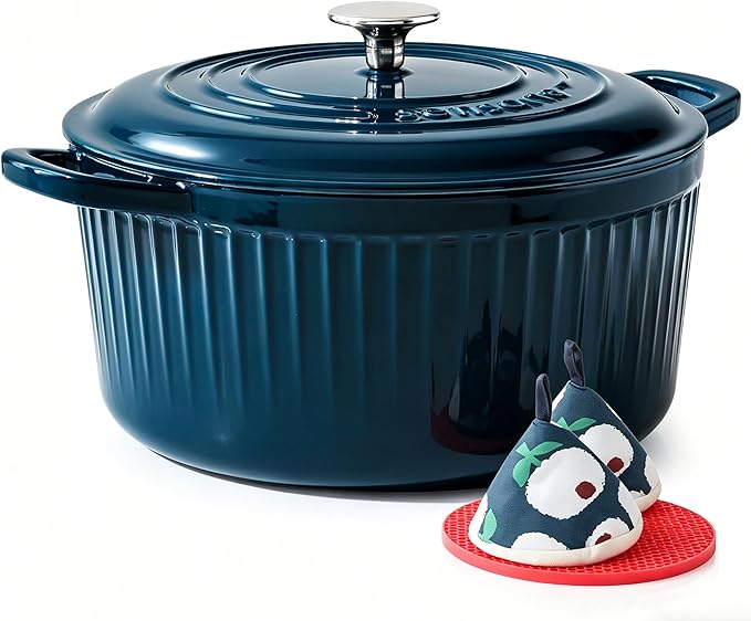 SENSARTE Enameled Cast Iron Dutch Oven Pot with Lid 3.5/5.5/6.5 Quart Heavy-Duty Round Dual Handles Kitchen Pot with Cotton Potholders & Silicone Trivet, Pot for Bread Baking, Stews, Braising, Roasting, Oven Safe, 5.5 Quart, Emerald Green