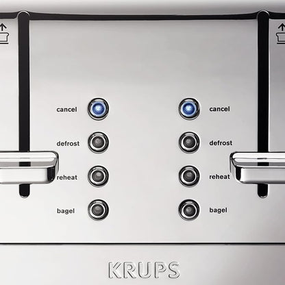 KRUPS: Breakfast Set Stainless Steel Toaster 4 Slice 1500 Watts 6 Brown Settings, Defrost, Reheat, High Lift Lever Silver, Matte and Chrome