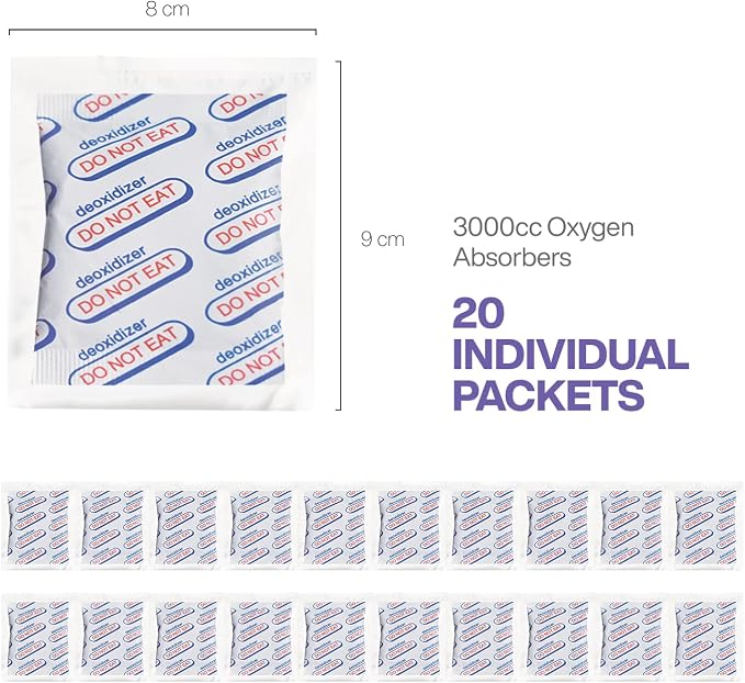 3000cc Oxygen Absorbers (Individually Sealed - Total 20 Count) for Food Storage, Food Grade Oxygen Absorbers Packets with Oxygen Indicator for Long Term Storage and Preservation (3000CC(20-Pack))