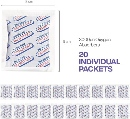 3000cc Oxygen Absorbers (Individually Sealed - Total 20 Count) for Food Storage, Food Grade Oxygen Absorbers Packets with Oxygen Indicator for Long Term Storage and Preservation (3000CC(20-Pack))