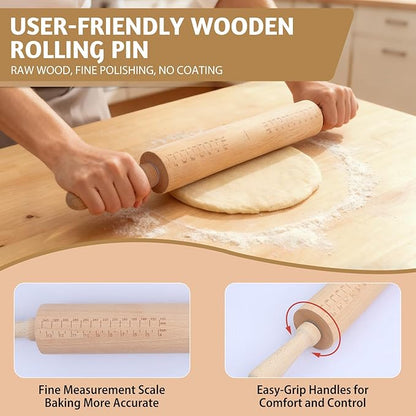 Long Adjustable Wood Rolling Pin: 21.1 Inch Rolling Pin with Thickness Rings and Measurement - Wooden Dough Roller for Baking Pastry Pizza Pie Crust Tortillas Cookie Bread - Bakers Baking Lovers