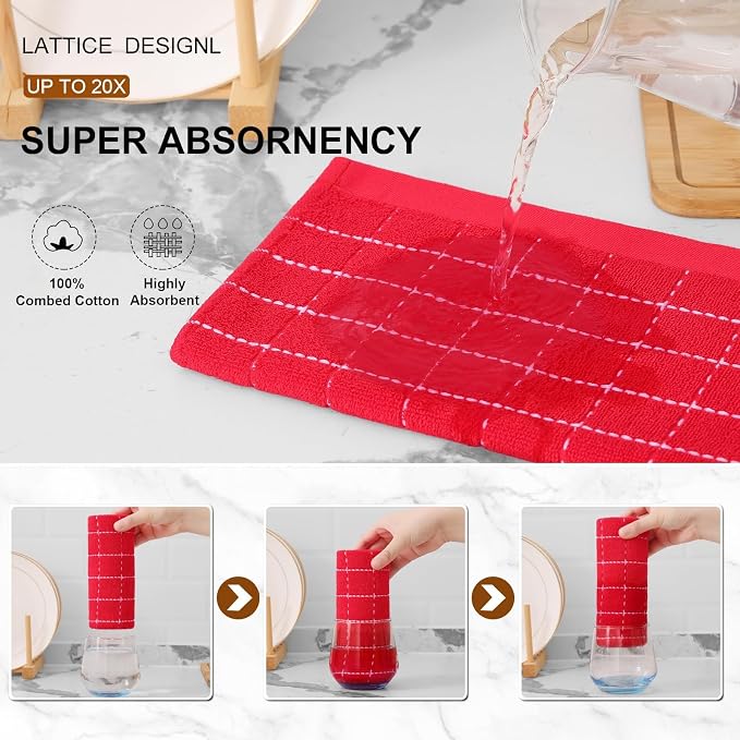 Mordimy 100% Cotton Terry Cloth Kitchen Towels, Super Soft and Absorbent Dish Towels for Drying, Checkered Designed Hand Towels for Kitchen, 13 x 28 Inches, 4 Pack, Red