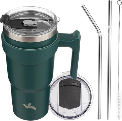 Konokyo 20 oz Tumbler with Handle and 2 Straw 2 Lid, Insulated Water Bottle Stainless Steel Vacuum Cup Reusable Travel Mug,Army Green