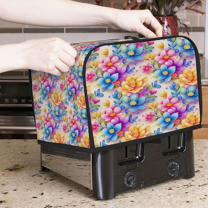 Flowers Art Toaster Cover 2 Slice Wide Slot Washable Toaster Covers | Rainbow Art Dust and Fingerprint Protection Bread Maker Covers for Kitchen Accessories Decor Bakeware Women Gift