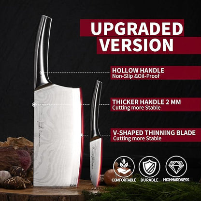 2 Pieces Knife Set Cleaver Knife and Paring knives,Stainless Steel Fruit Meat Knife with Damascus Pattern,Anti-Slip Hollow Handle