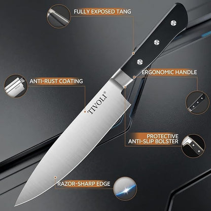 TIVOLI 2025 Knife Set 15 PCS High Carbon Stainless Steel Kitchen Knife Sets with Block & Honing Rod, Premium Razor-Sharp Black Knives Block Set for Kitchen, Ergonomic Full-Tang Handle