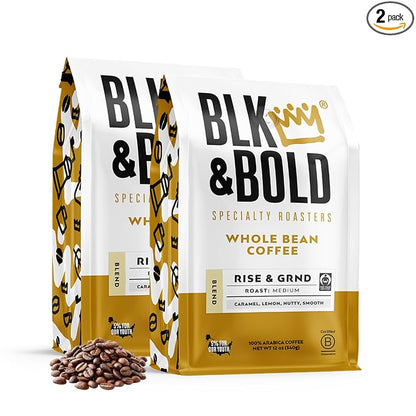 BLK & Bold Whole Bean Coffee, Rise & GRND Medium Roast, Coffee Beans, Toffee Lemon Nutty Notes, Fresh Roasted Coffee for Drip, French Press, Cold Brew & Espresso, 12 oz Bags (2 Pack)