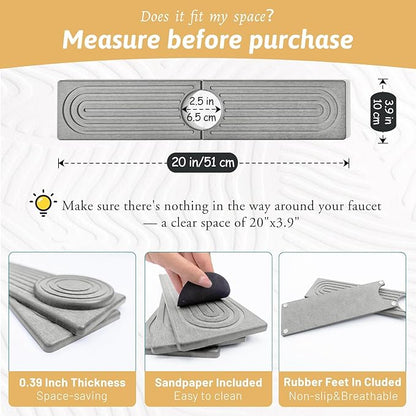 Diatomite Kitchen Sink Water Splash Guard, 20'' Drying Neat Stone Sink Tray, Modern Stylish Faucet Handle Drip Catcher Stone, Absorbent Mat for Kitchen Counter, Gift for Valentine's Day, Light Gray