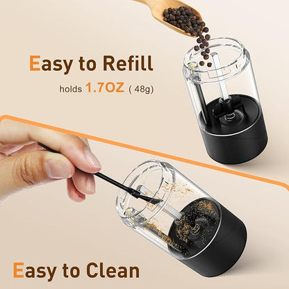 Rechargeable Salt and Pepper Grinder Set with LED Light, Adjustable Coarseness shakers, One-Hand Operation for Kitchen Appliances Christmas Gift Sets for Women(2 Pack Upgrade Black)