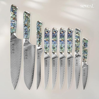 Damascus Kitchen Knife Set | 67-Layer Damascus Steel | Professional Chef Knives Set | Ergonomic Blue Shell Handle | Acacia Wood Magnetic Holder Included (Blue, 9-Piece Set)