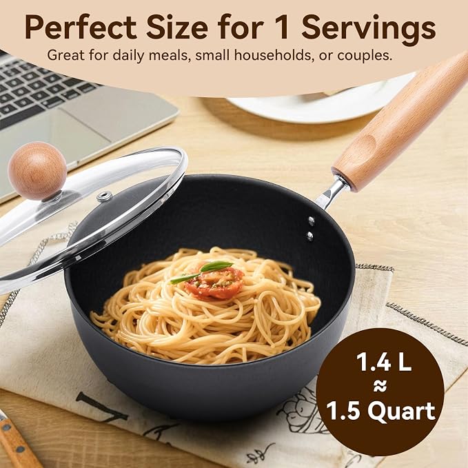 WANGYUANJI 1.5QT Iron Saucepan with Lid, Hammered Milk Pot for Boiling Ramen, Removable Wood Handle for Camping & Storage, Non-Coated Small Cookware for Single Serving, Induction Compatible