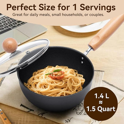 WANGYUANJI 1.5QT Iron Saucepan with Lid, Hammered Milk Pot for Boiling Ramen, Removable Wood Handle for Camping & Storage, Non-Coated Small Cookware for Single Serving, Induction Compatible