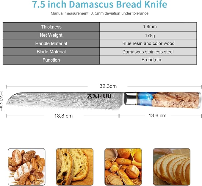 XITUO Damascus Serrated Bread Knife - VG10 Serrated Knife for Homemade Bread - Japanese Blue Resin & Wooden Handle - Slicer Knives for Sourdough Baguette - with Gift Box