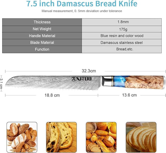 XITUO Damascus Serrated Bread Knife - VG10 Serrated Knife for Homemade Bread - Japanese Blue Resin & Wooden Handle - Slicer Knives for Sourdough Baguette - with Gift Box