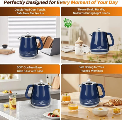 Vintage Electric Kettle 1.8L, All Stainless Steel Hot Water Electric Kettle for Boiling Water, 1350W Fast Boil BPA Free Tea Kettle, Electric Tea Kettles Automatic Shut Off, Boil-Dry Protection