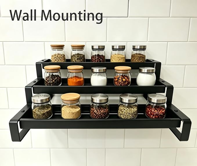 3-Tier Spice Rack Organizer for Cabinet, Adjustable Tiered Spice Shelf for Countertop,Wall Mount, Metal Spice Organizer for Kitchen, Seasoning Rack for Pantry Storage