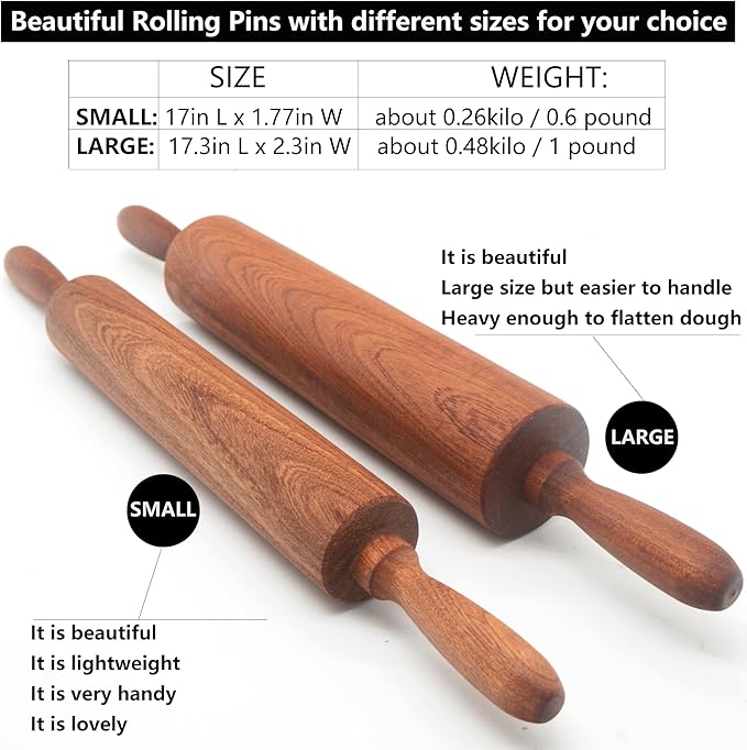 Classic Sapele Wooden Rolling Pin With Handles Large17.3"L x 2.3"W | Wood Baking Roller for Pizza, Pie, Bread, Pastry & Cookie Dough
