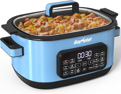 12-in-1 Multicooker, 6.5QT Slow Cooker Roaster Oven, Digital Programmable Multi Functional Pot with Timer Temp Control Delay Start Glass Lid Removable Nonstick Pot, Roast/Steam Rack, Blue