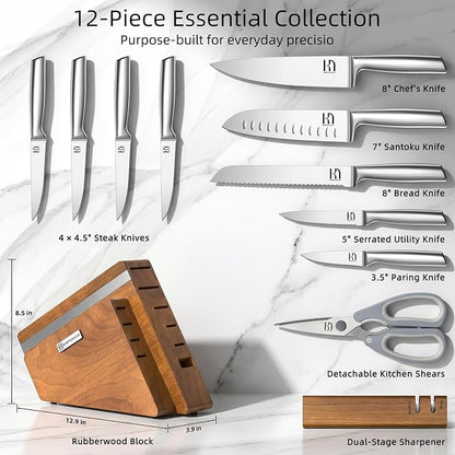 KnifeSaga Kitchen Knife Set with Block and Sharpener | 12-Piece Premium High Carbon Stainless Steel Knife Block Set, Ergonomic Anti-Slip Handle, Rubberwood Knife Block