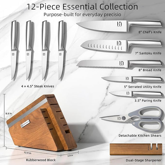 KnifeSaga Kitchen Knife Set with Block and Sharpener | 12-Piece Premium High Carbon Stainless Steel Knife Block Set, Ergonomic Anti-Slip Handle, Rubberwood Knife Block