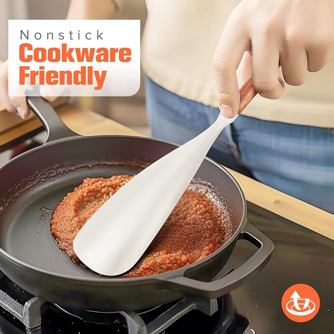 Silicone Cooking Utensils Set of 7 Pack, Wood Handle Heat-Resistant Kitchen Utensils, Non-Stick Cookware Safe - Include Spatula, Spoon, Ladle, Bowl Scraper, Basting Brush for Cooking, Baking (White)
