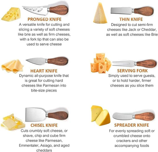 YUANQIAN Cheese Knife Set with Acacia Wood Handles - Cheese Knife, Spreader, Fork, Slicer - Mini Stainless Steel Cheese Tools for Charcuterie Boards (6Pcs/Set, S)