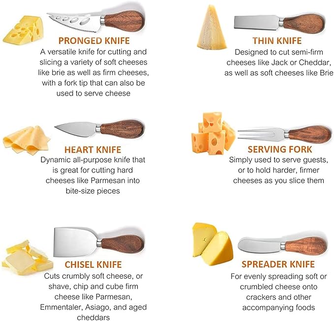 Premium Stainless Steel Cheese Tool Set - Acacia Cheese Knife Set - Cut, Spread All Your Favorite Cheeses (6 Acacia Cheese Set)
