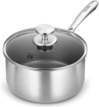 KOCH SYSTEME CS 4 Quart Saucepan With Lid, Hybrid Nonstick Stainless Steel Saucepan, Tri-Ply Stainless Steel Pot 4QT, Stainless Steel Sauce Pan with Honeycomb Interior, Large Saucepan Induction Ready